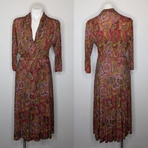 Anthro Maeve red yellow kaleidoscope v neck dress L